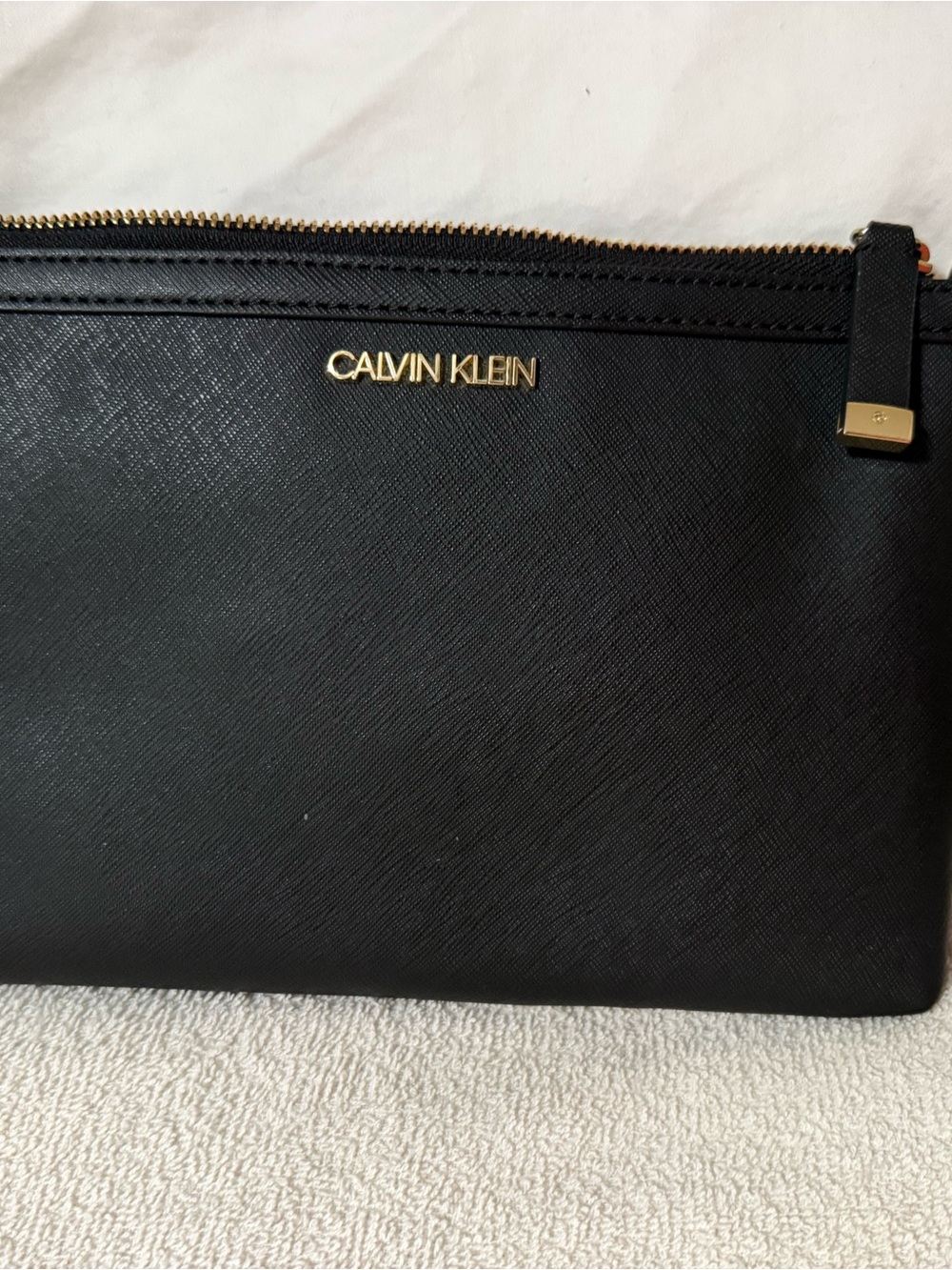 Calvin Klein Black Saffiano Crossbody Pouch with Gold Hardware